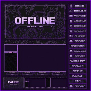 Pacote de sobreposições de fluxo roxo animado para Twitch, Youtube, OBS, Streamlabs em estilo escuro topográfico