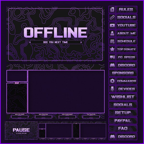 Animated Purple Stream overlays package for Twitch, Youtube, OBS, Streamlabs in topographic dark style