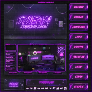 Sobreposições Stream Animado Roxo Neon estilo twitch Pacote