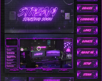 Overlays Stream Animated PURPLE Neon style twitch Package