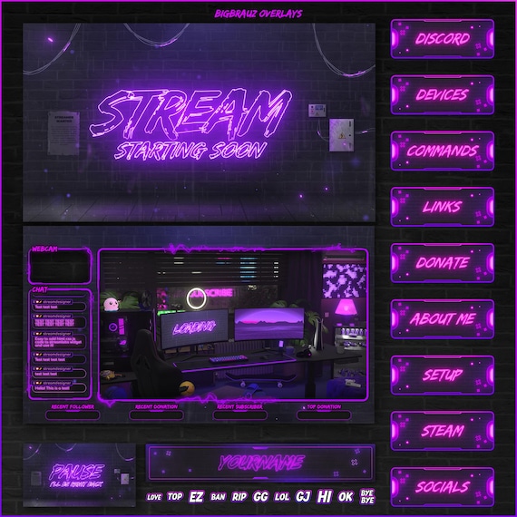 Overlays Stream Animated PURPLE Neon style twitch Package