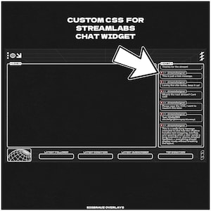 May include: A black and white Streamlabs chat widget design with the text "CUSTOM CSS FOR STREAMLABS CHAT WIDGET". The design includes a chat box with example messages and user names, and information boxes for followers, donations, and subscribers.