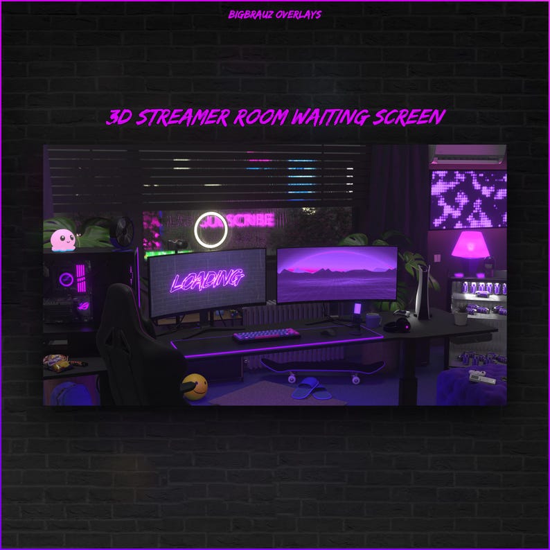 May include: A 3D rendering of a streamer room with a purple and pink color scheme. The room features a computer desk with a monitor displaying "LOADING" in neon pink letters, a gaming chair, and a keyboard. The room also has a neon pink sign that says "SUBSCRIBE" and a pink lamp.
