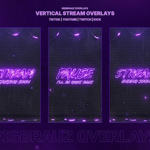 May include: Purple vertical stream overlays with neon text. The overlays display "Stream Starting Soon", "Pause I'll Be Right Back", and "Stream Ending Soon". The background is a dark brick wall with purple accents. The text "BIGBRAUZ OVERLAYS" is at the top and bottom.