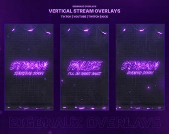 May include: Vertical stream overlays in purple with neon text. The overlays include "Stream Starting Soon", "Pause I'll Be Right Back", and "Stream Ending Soon". The background is a dark brick wall with purple accents. The text "BIGBRAUZ OVERLAYS" is at the top and bottom.