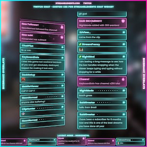 May include: A digital graphic showcasing a Twitch chat overlay with a neon blue and pink color scheme. The overlay displays various chat messages, including follower notifications, subscriber alerts, and raid announcements. Text includes "STREAMELEMENTS.COM" and "TWITCH CHAT".