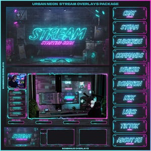 May include: A digital graphic package for streaming, featuring neon blue and pink designs. The package includes overlays for chat, stream, subscribe, commands, devices, donation, kick, links, TikTok, and about me. The text "STREAM STARTING SOON" is also displayed.