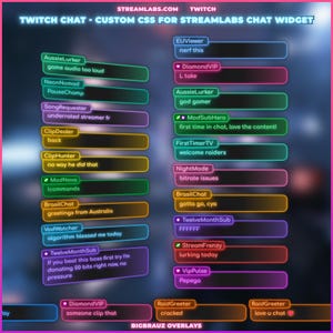 May include: A digital graphic displaying a Twitch chat overlay design. The design features colourful chat bubbles with usernames and messages, including "game audio too loud" and "love u chat." The overlay is for Streamlabs.