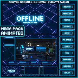 Pacote de OVERLAYS de fluxo de néon RETRO AZUL animado para Twitch, Youtube, obs studio, Streamlabs obs com animação de grade