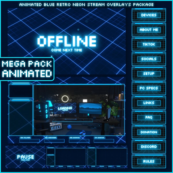 Animated BLUE RETRO Neon Stream OVERLAYS package for Twitch, Youtube, obs studio, Streamlabs obs with grid animation