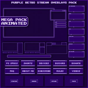 Pacote de sobreposição de Twitch animado PURPLE DARK RETRO - Tema Twitch escuro minimalista | Pacote de sobreposição de transmissão de computador retrô