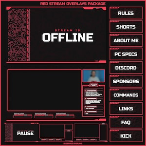 Pacote de sobreposições de fluxo RED animado para Twitch, Youtube, OBS, Streamlabs em estilo escuro topográfico