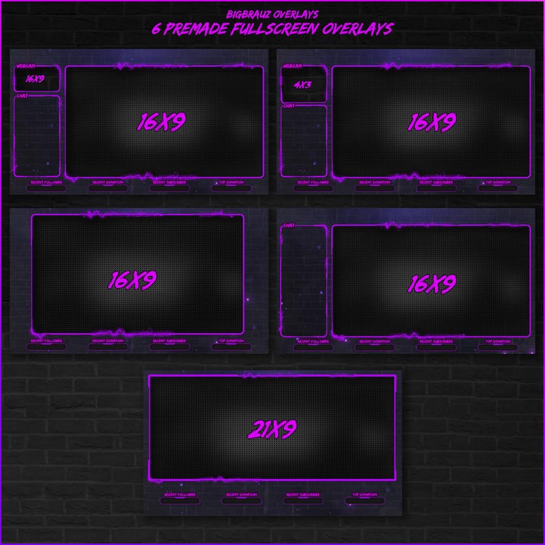 May include: Six premade fullscreen overlays with a purple neon border and a black background. The overlays are labeled with the aspect ratios 16x9, 4x3, and 21x9.