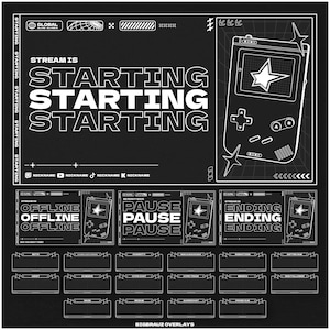 May include: A black and white streamer overlay graphic. The design features the text "STREAM IS STARTING" and "OFFLINE", "PAUSE", and "ENDING" with a retro handheld game console graphic. Includes sections for nicknames and alerts.