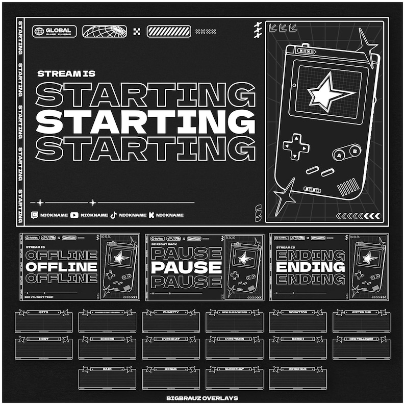 May include: A black and white streamer overlay graphic. The design features the text "STREAM IS STARTING" and "OFFLINE", "PAUSE", and "ENDING" with a retro handheld game console graphic. Includes sections for nicknames and alerts.