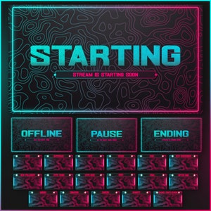 May include: A neon blue and pink graphic overlay for a live stream with the text "STARTING" and "STREAM IS STARTING SOON". The overlay also includes sections for "OFFLINE", "PAUSE", and "ENDING". Below these sections are 16 smaller sections with text such as "BITS", "SUPERCHAT", "NEW FOLLOWER", "HYPE TRAIN", "HYPE CHAT", "RAID", "NEW SUBSCRIBER", "DONATION", "CHEERS", "CHARITY", and "CHANNEL POINTS REWARD".