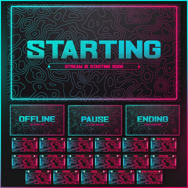 May include: A neon blue and pink graphic overlay for a live stream with the text "STARTING" and "STREAM IS STARTING SOON". The overlay also includes sections for "OFFLINE", "PAUSE", and "ENDING". Below these sections are 16 smaller sections with text such as "BITS", "SUPERCHAT", "NEW FOLLOWER", "HYPE TRAIN", "HYPE CHAT", "RAID", "NEW SUBSCRIBER", "DONATION", "CHEERS", "CHARITY", and "CHANNEL POINTS REWARD".