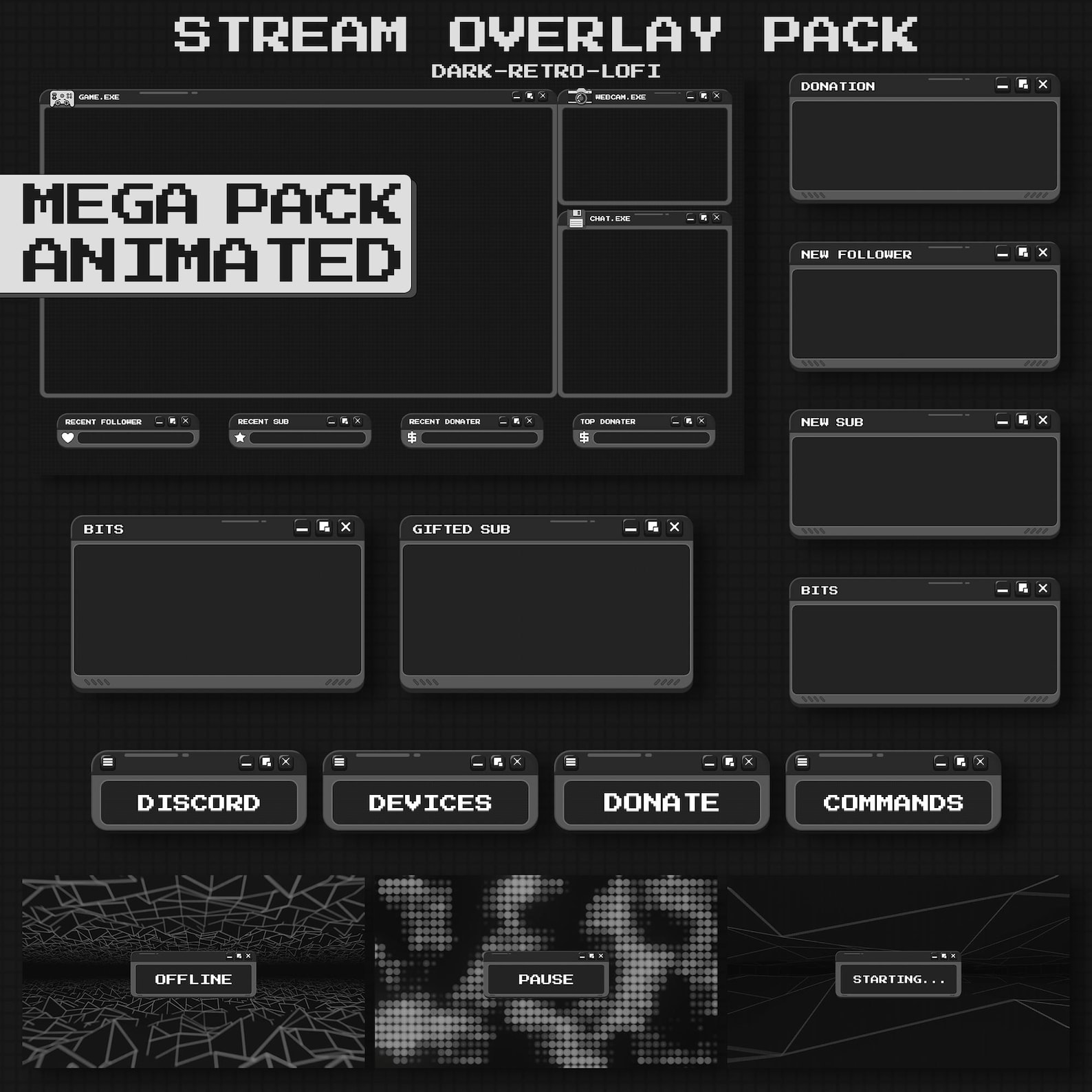 Animated DARK RETRO Twitch OVERLAY Package - Minimal Dark Twitch Theme ...