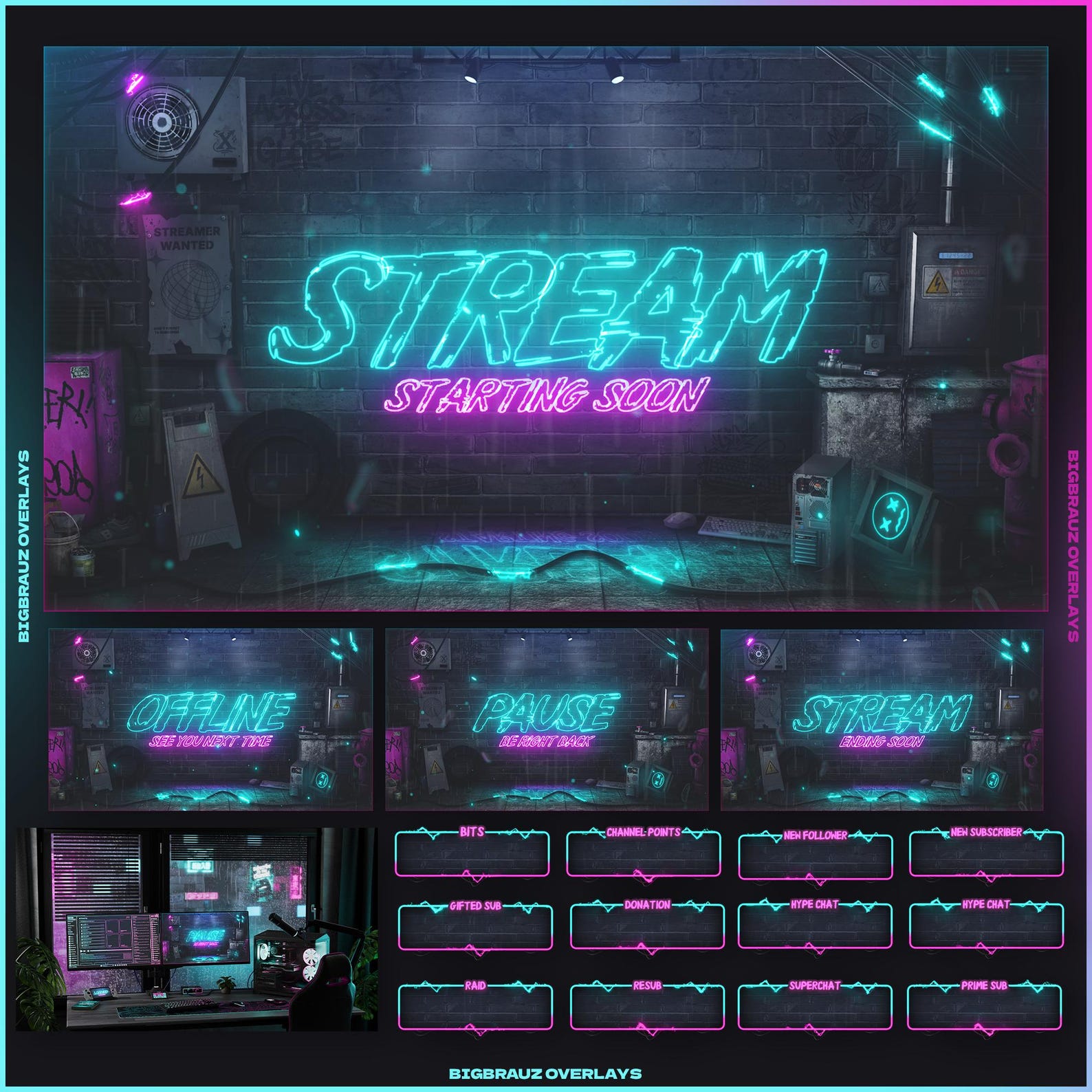 Animated Dark Neon Stream Overlays Package (twitch, Youtube, Kick ...