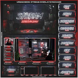 May include: A digital stream overlay package featuring a dark brick background with neon white and red text. Includes a main screen, webcam frame, chat box, and ten rectangular buttons labelled with categories like Chat, Subscribe, and Donation.