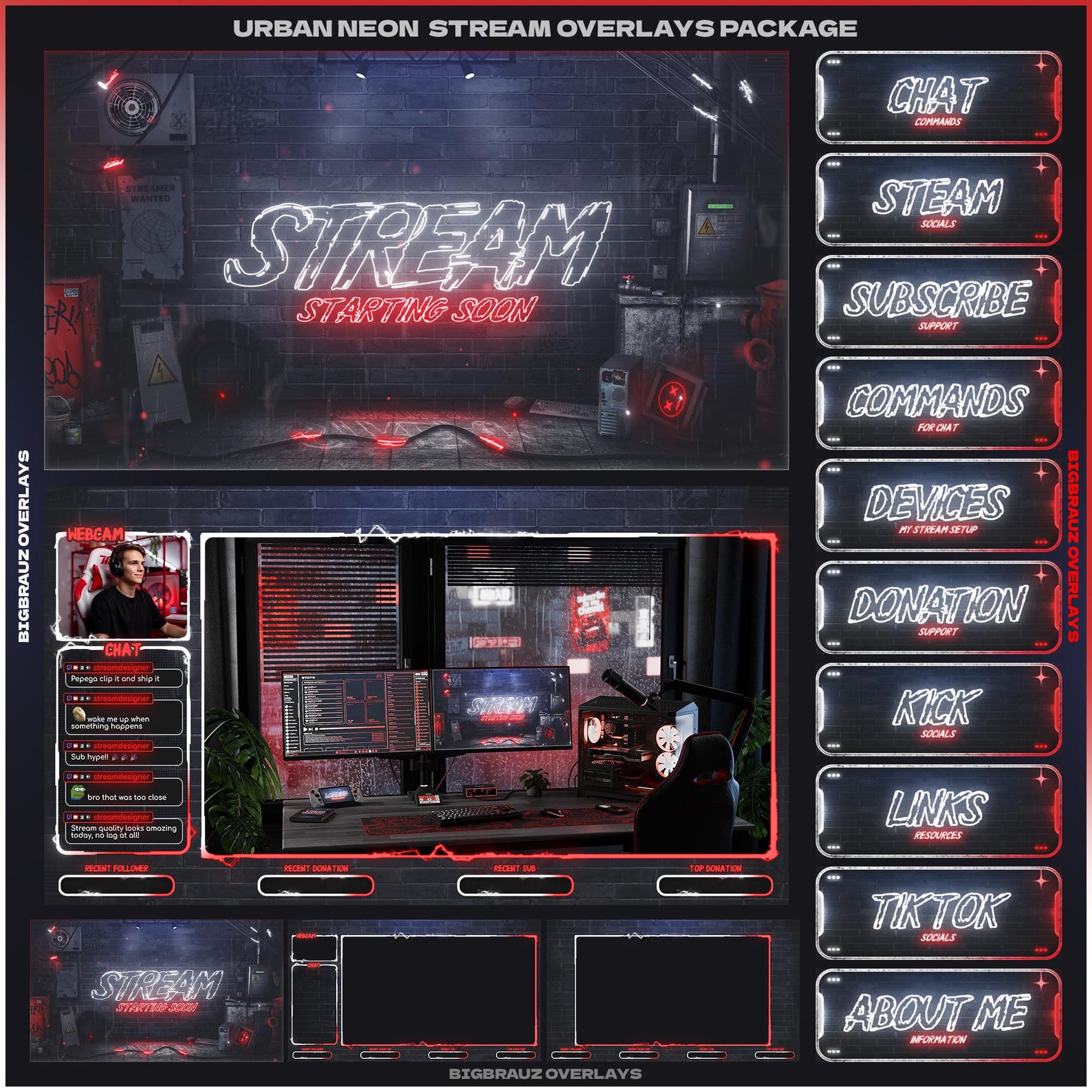 Animated Dark Neon Stream Overlays Package (twitch, Youtube, Kick ...
