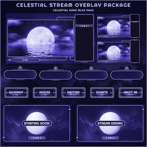 Pacote de fluxo animado Painéis de transição de sobreposição de fluxo Tema ROXO ESCURO Tema calmo e relaxante Céu Estrelas celestiais Céu Lua Fofo