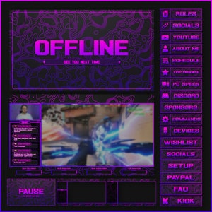 Animated Purple Stream overlays package for Twitch, Youtube, OBS, Streamlabs. Dark stream overlays.
