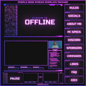 Pacote de sobreposições de fluxo de néon roxo animado para Twitch, Youtube, OBS, Streamlabs em estilo escuro topográfico