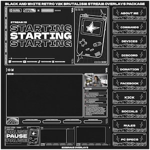 Animated DARK RETRO Stream Overlays package for Twitch, YouTube, OBS, and Streamlabs in a style inspired by Y2K and Brutalism.