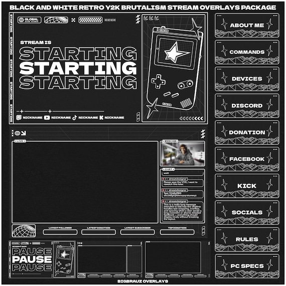 Animated DARK RETRO Stream Overlays package for Twitch, YouTube, OBS, and Streamlabs in a style inspired by Y2K and Brutalism.