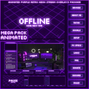 Animated Purple Retro Neon Stream overlays package for Twitch, Youtube, OBS, Streamlabs OBS