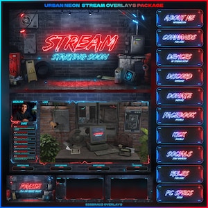 Puede incluir: Un paquete gráfico digital con un tema urbano de neón. El diseño incluye un letrero de neón "STREAM" rojo y azul, una pantalla de webcam y varios paneles de redes sociales e información. La estética general es oscura y arenosa.