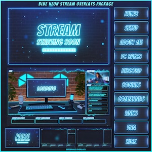 OVERLAYS de transmissão animada BLUE NEON, painéis de transmissão, alertas, molduras de webcam, telas, emotes, emblemas de inscrição, banners