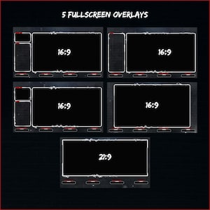 May include: Five different screen overlays with a distressed, textured look. The overlays are labeled with aspect ratios: 16:9, 16:9, 16:9, 21:9, and 16:9.
