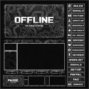 Pacote de sobreposições de fluxo animado em preto e branco para Twitch, Youtube, OBS, Streamlabs em estilo escuro topográfico