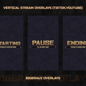 May include: Three vertical stream overlays with a dark blue background and gold text. The overlays are for starting, pausing, and ending a stream. The text "BIGBRAUZ OVERLAYS" is at the bottom of the image.