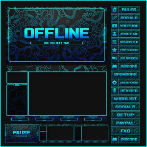 Pacote de sobreposições de fluxo BLUE animado para Twitch, Youtube, OBS, Streamlabs em estilo topográfico escuro