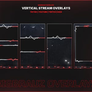 Puede incluir: Un conjunto de superposiciones de transmisión vertical con un fondo negro y acentos rojos y blancos. Las superposiciones están diseñadas para TikTok, YouTube, Twitch y Kick. El texto "CHAT" es visible en una superposición.