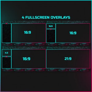 May include: Four different screen overlay designs for live streaming. The overlays are in a dark background with a blue and pink color scheme. The overlays are labeled with aspect ratios: 16:9, 4:3, and 21:9.