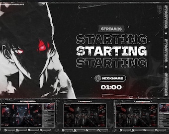 Peut inclure: Un graphique de superposition de flux numérique présentant un personnage d'anime sombre et stylisé avec des yeux rouges brillants à gauche. Le texte indique STREAM IS STARTING, NICKNAME et 01:00. La section inférieure affiche trois fenêtres.