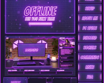 Animierte PURPLE NEON Stream OVERLAYS, Panels, Warnungen, Webkamerarahmen, Bildschirme