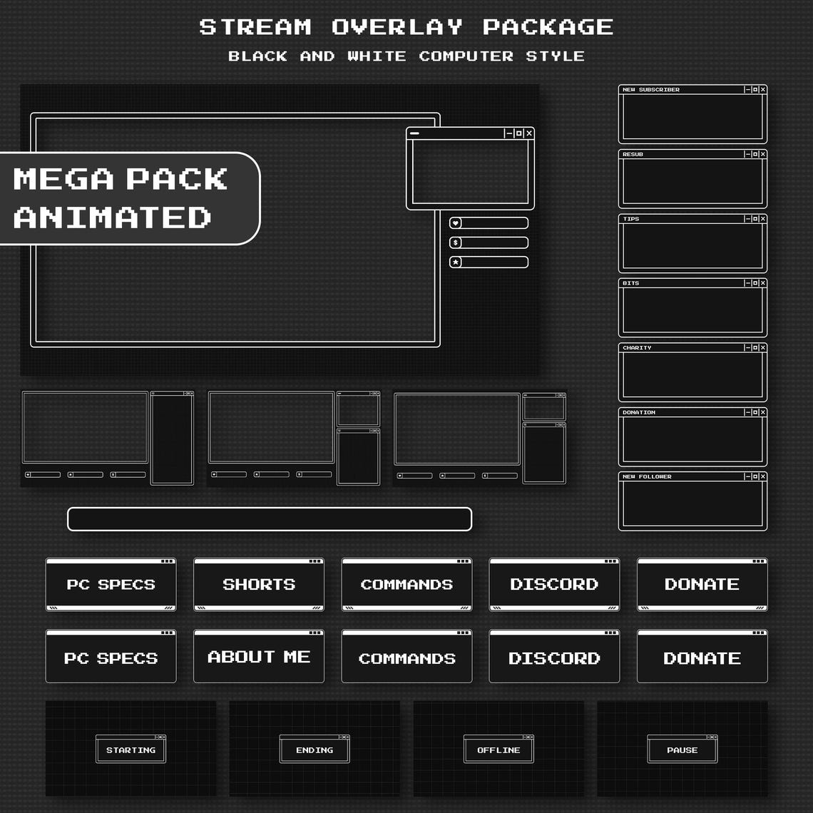 Animated BLACK and White DARK RETRO Twitch Overlay Package - Minimal ...