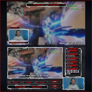 May include: A customizable Twitch stream overlay with a black and red color scheme. The overlay includes a large central area for displaying a game or video, a smaller area for displaying a webcam feed, and several smaller areas for displaying text, images, and other information. The overlay also includes a section for displaying recent followers, a donation widget, and a chat bubbles widget. The text on the overlay reads "BUILD YOUR CUSTOM SCENES" and "ARRANGE THE ELEMENTS THE WAY YOU WANT".