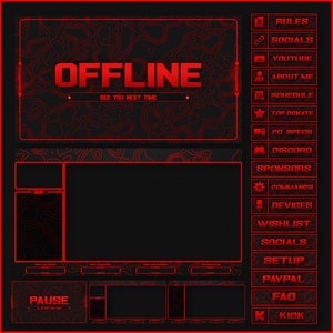 Pacote de sobreposições de fluxo RED animado para Twitch, Youtube, OBS, Streamlabs em estilo escuro topográfico