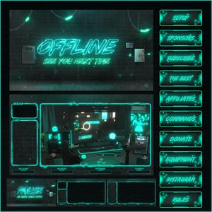 May include: A neon green and black streamer overlay with a 'OFFLINE' sign, a webcam, chat, and a variety of buttons for viewers to interact with the streamer. The buttons include 'Setup', 'Sponsors', 'Subscribe', 'The Best', 'Affiliates', 'Commands', 'Donate', 'Equipment', 'Instagram', and 'Rules'.