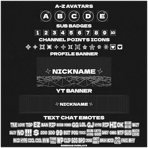 May include: A monochrome graphic design featuring elements for online content creators. Includes A-Z avatars, sub badges, channel point icons, profile and YT banners, and text chat emotes. The text "NICKNAME" is visible.