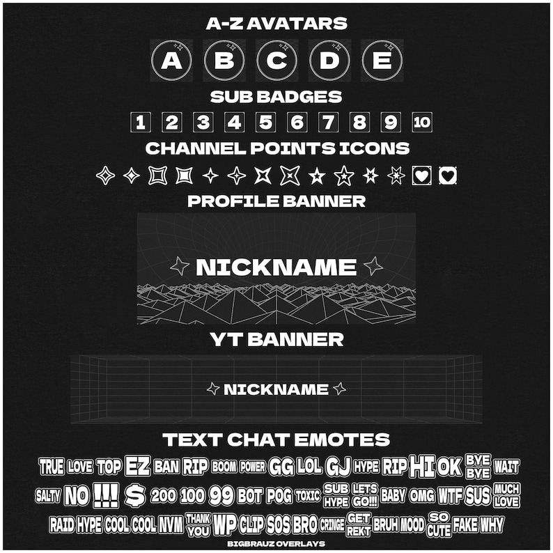 May include: A monochrome graphic design featuring elements for online content creators. Includes A-Z avatars, sub badges, channel point icons, profile and YT banners, and text chat emotes. The text "NICKNAME" is visible.