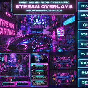 Può includere: Un pacchetto di overlay per streaming di arte digitale a tema cyberpunk. Il design presenta un paesaggio urbano illuminato al neon con un'auto futuristica, testo giapponese e vari elementi dell'interfaccia di streaming. La tavolozza dei colori include rosa, blu e viola vibranti.
