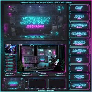 Może przedstawiać: Pakiet nakładek do streamowania w stylu neonowym z ciemnym ceglanym tłem i świecącym tekstem w kolorze cyjanu i magenty. Zawiera ekran startowy, ramkę kamery, okno czatu oraz różne przyciski do mediów społecznościowych i darowizn.