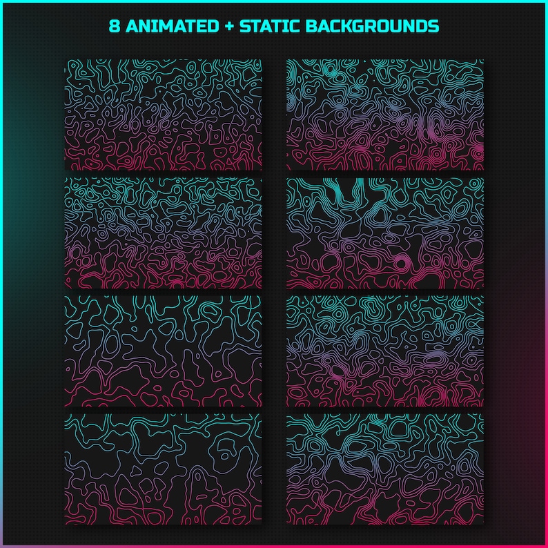 May include: Eight animated and static backgrounds featuring a black background with a pattern of blue and pink contour lines. The lines create a topographic map-like design.